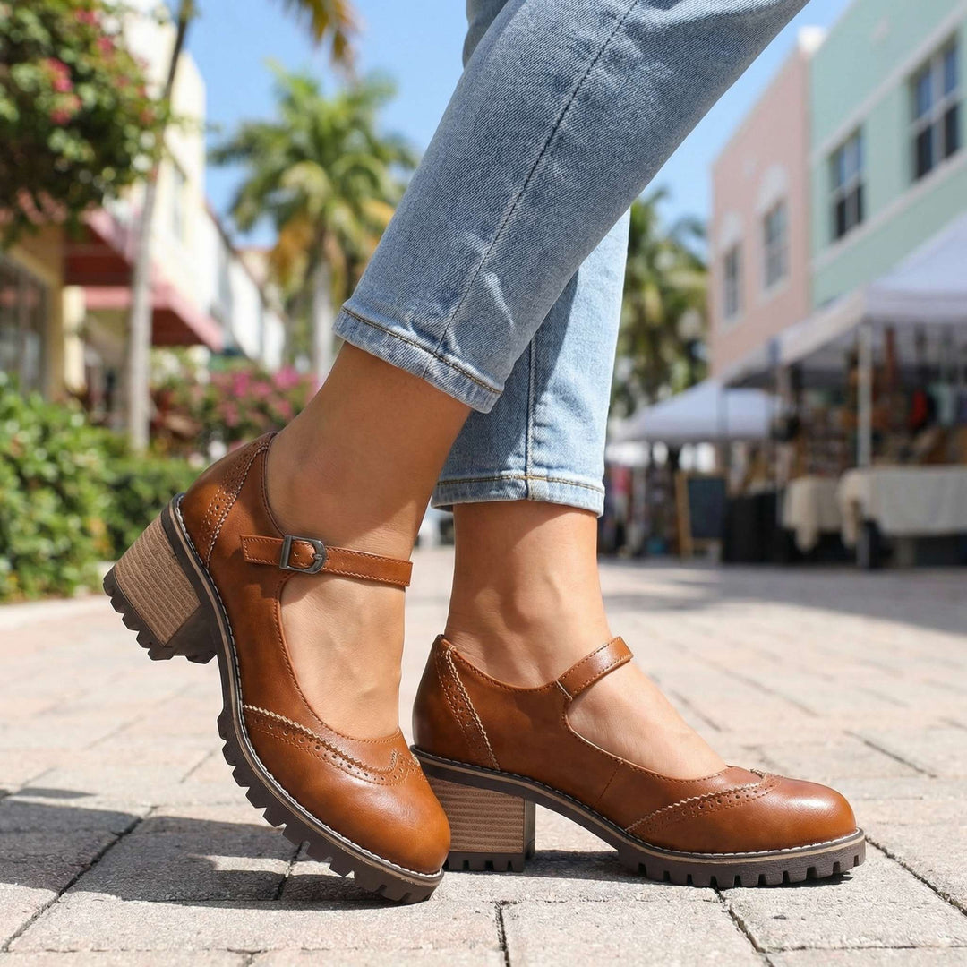 Bruine Mary Jane-schoenen met brogue-naden en gesp, buiten gedragen op een straat met pastelkleurige gevels 5