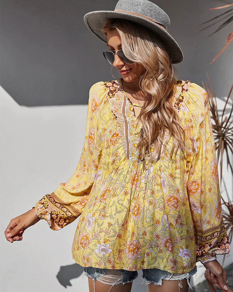 Vintage Boho Sommerbluse mit Blumenmuster und langen Ärmeln – Sana
