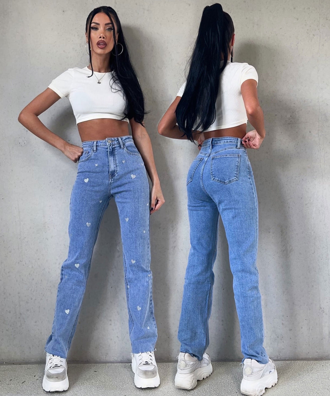 Damen Stretch-Jeans mit weitem Bein und Herzchenmuster - Amelie