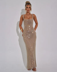 Rhinestone Square Neck Maxi Dress - Bodycon Evening Gown 1