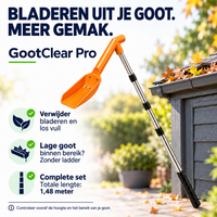Oranje schep op metalen steel leunt tegen een tuinhuisje met een dakgoot vol herfstbladeren 1