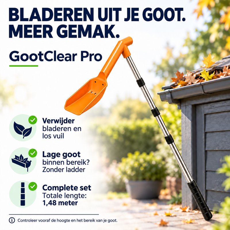 Oranje schep op metalen steel leunt tegen een tuinhuisje met een dakgoot vol herfstbladeren 1