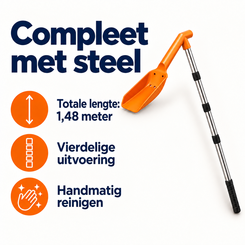 Oranje schep met vierdelige metalen steel naast pictogrammen over lengte, delen en handmatig reinigen 5