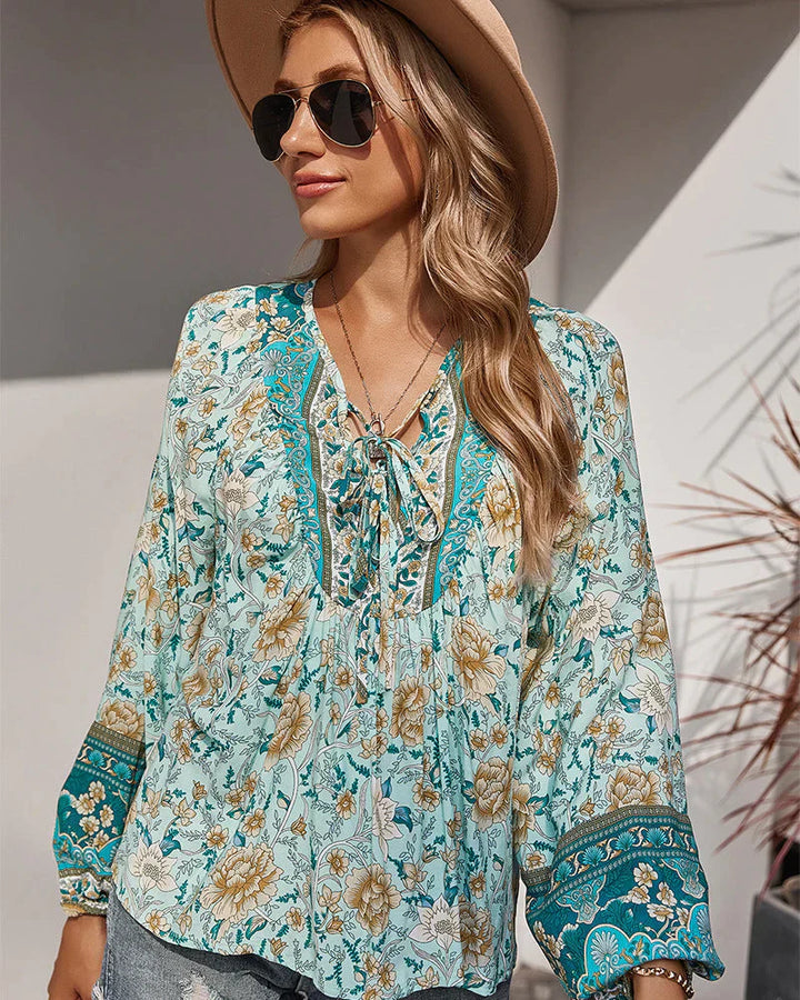 Vintage Boho Sommerbluse mit Blumenmuster und langen Ärmeln – Sana