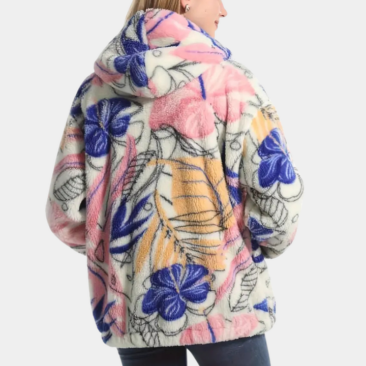 Warmer Damenmantel mit Kapuze und Blumenmuster - Elira
