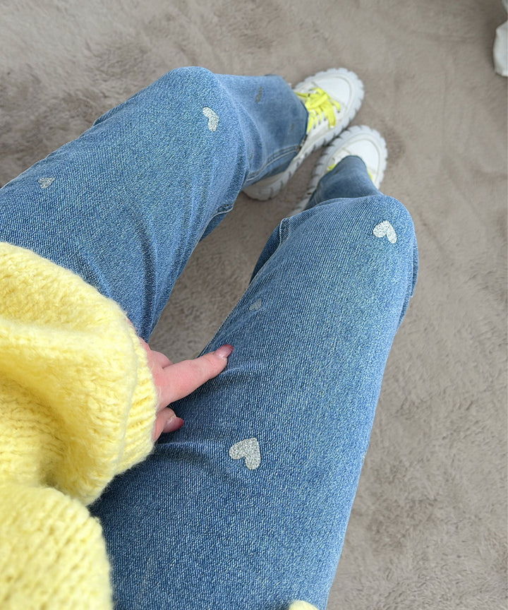 Damen Stretch-Jeans mit weitem Bein und Herzchenmuster - Amelie