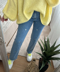 Damen Stretch-Jeans mit weitem Bein und Herzchenmuster - Amelie