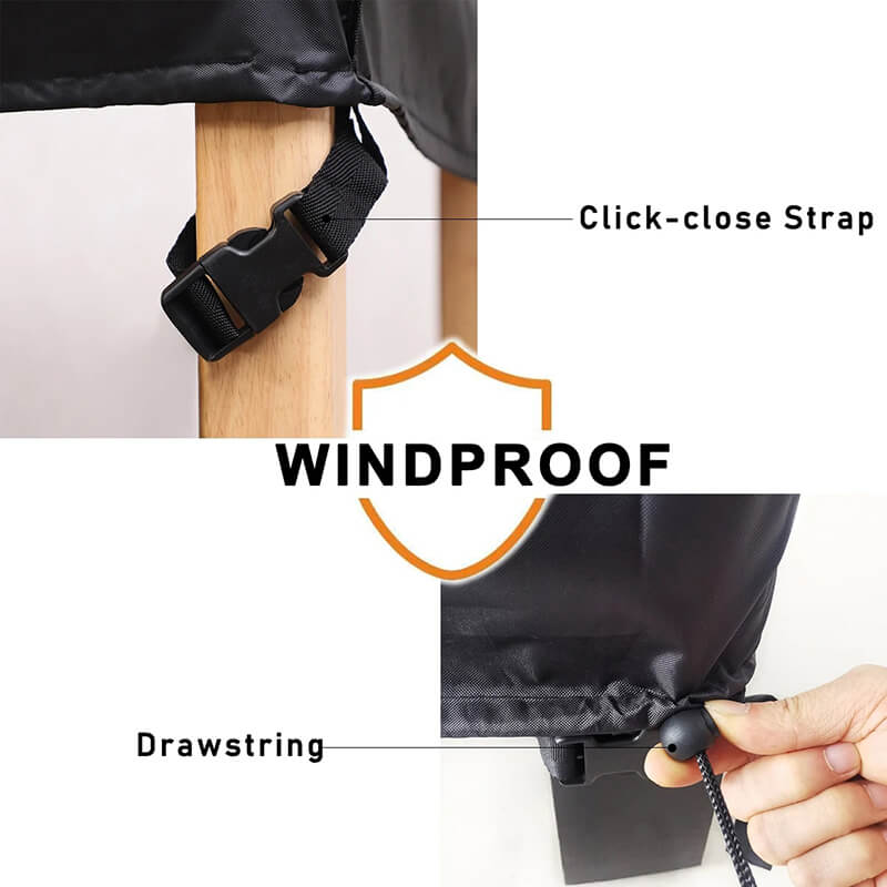 Twee detailfoto's: een klikgesp om een houten tafelpoot en een hand die het trekkoord onderaan de hoes aantrekt, tegen wind. 11