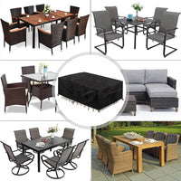 Zwarte hoes in een cirkel in het midden, omringd door zes soorten tuinmeubilair zoals rotan eetgroepen, een loungehoek en metalen stoelen. 2
