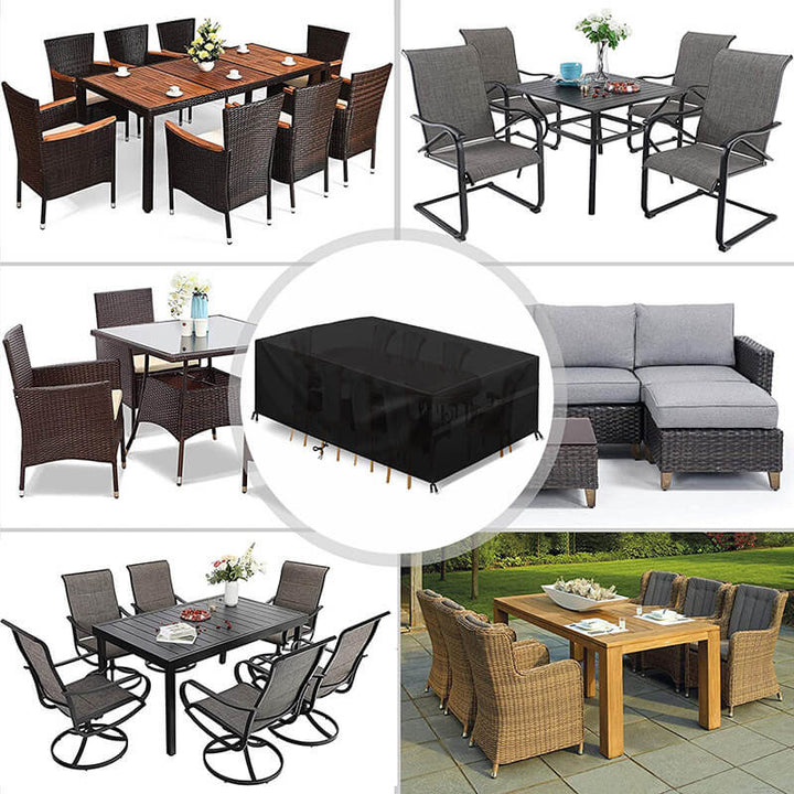 Zwarte hoes in een cirkel in het midden, omringd door zes soorten tuinmeubilair zoals rotan eetgroepen, een loungehoek en metalen stoelen. 2