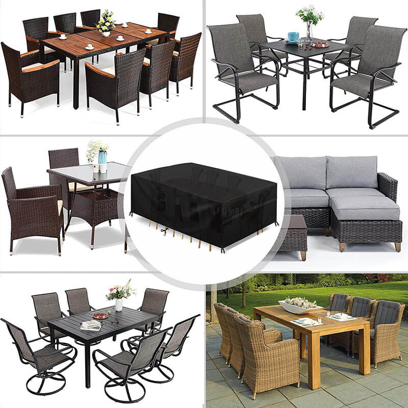Zwarte hoes in een cirkel in het midden, omringd door zes soorten tuinmeubilair zoals rotan eetgroepen, een loungehoek en metalen stoelen. 2