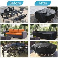 Voor-en-nadeelcollage: drie tuinsets zonder hoes naast dezelfde sets afgedekt met de zwarte hoes. 3
