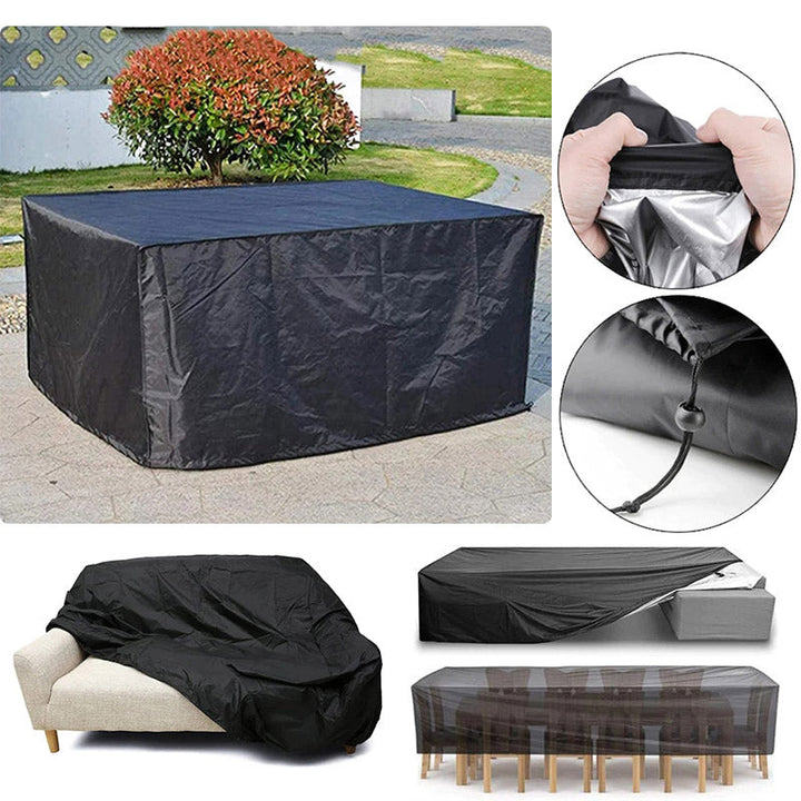 Collage van de zwarte hoes over een tuintafel, een bank en een eettafel, met close-ups van de afwerking en het trekkoord. 7