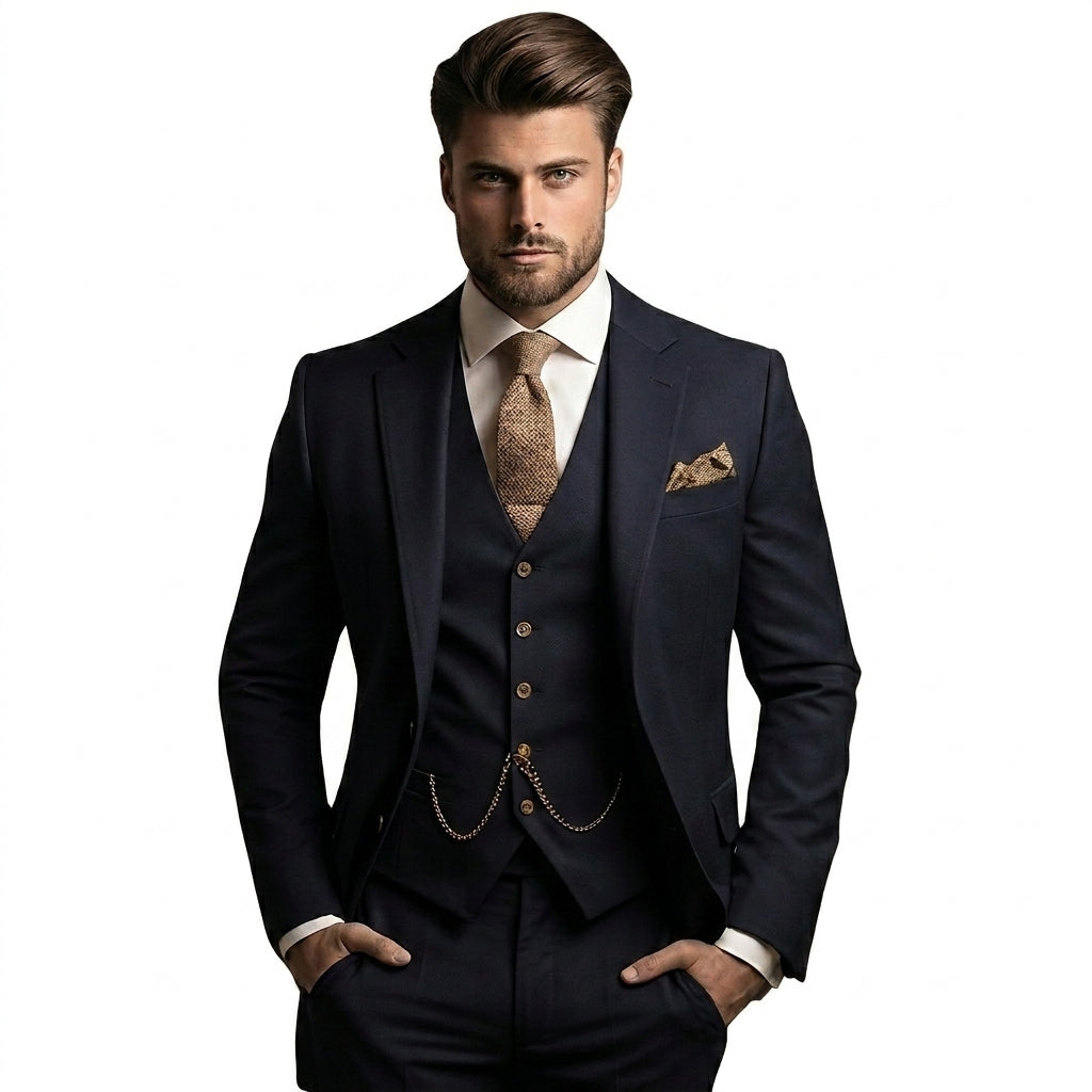 Model draagt het donkerblauwe kostuum met vest en horlogeketting, gecombineerd met beige gebreide stropdas en pochet, handen in de zakken. 1