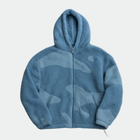 Fleecejack met capuchon en rits in blauw, met een subtiel patroon van tonale vlakken in twee tinten blauw. 3