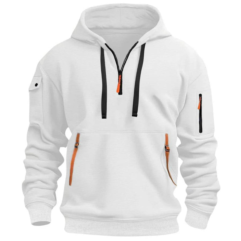 Voorkant van de hoodie in wit met zwarte trekkoorden, oranje ritstrekker en zakbandjes 6