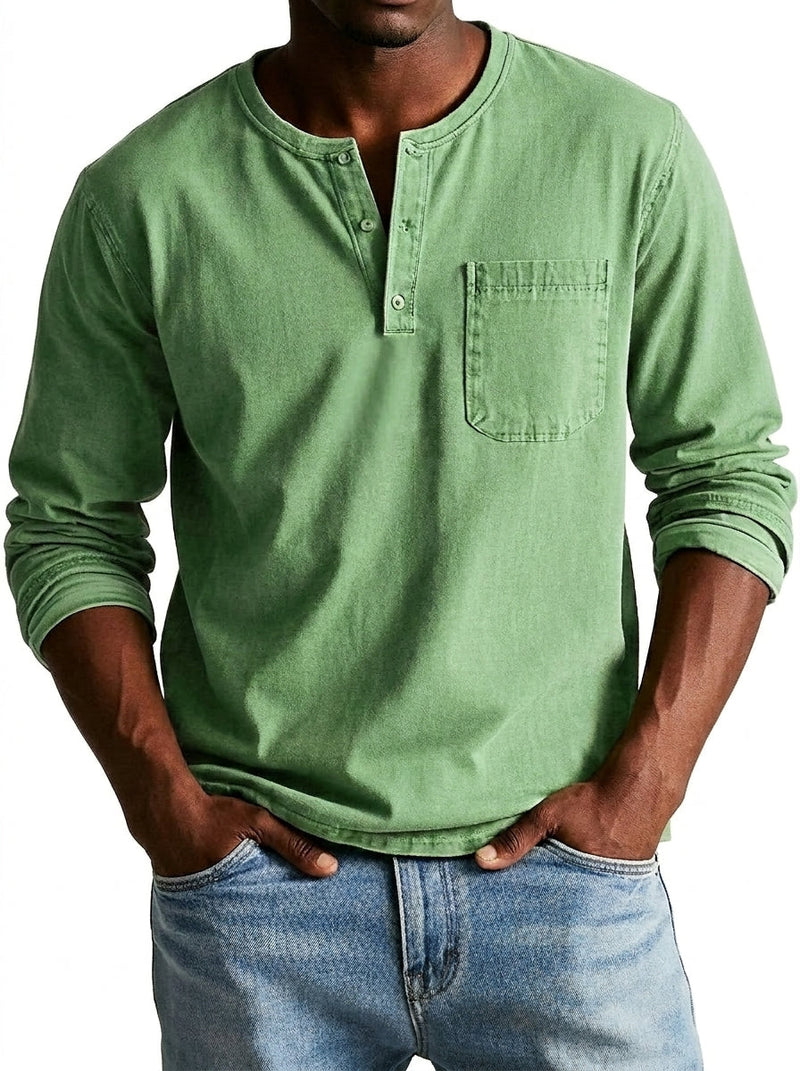 Men's Long Sleeve Henley Shirt with Button Placket and Chest Pocket 1