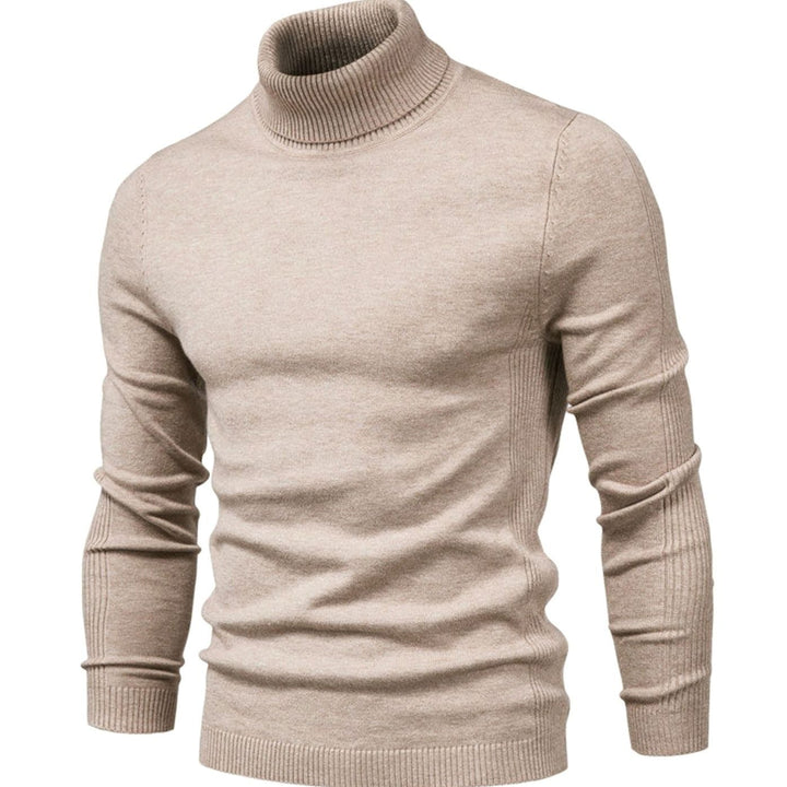 Beige coltrui met geribbelde kraag en manchetten, voorkant, getoond zonder model 6