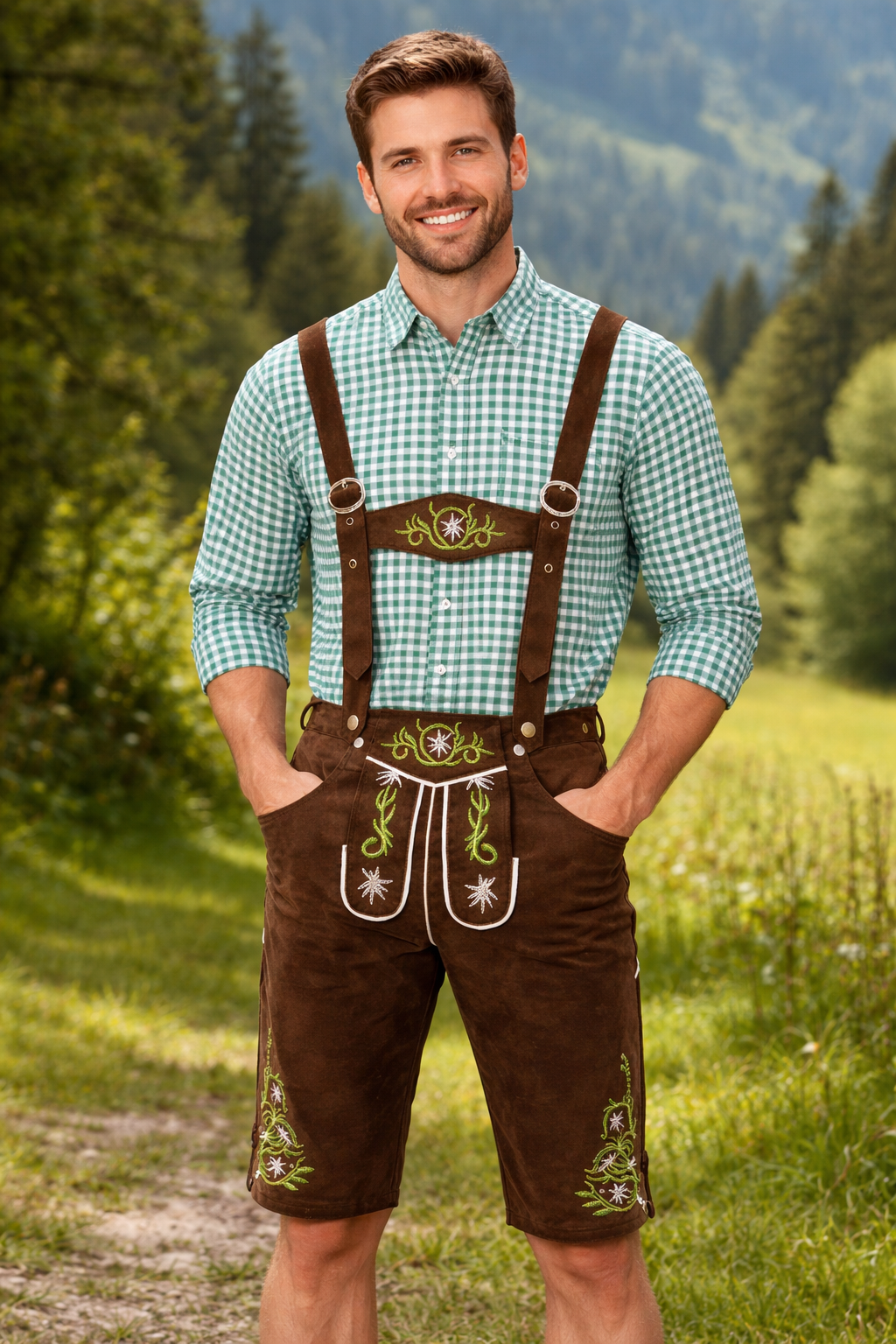 Dezelfde man in bruine lederhose met geborduurde edelweiss-motieven en groen geruit overhemd, buiten op een bergweide met bomen op de achtergrond. 2