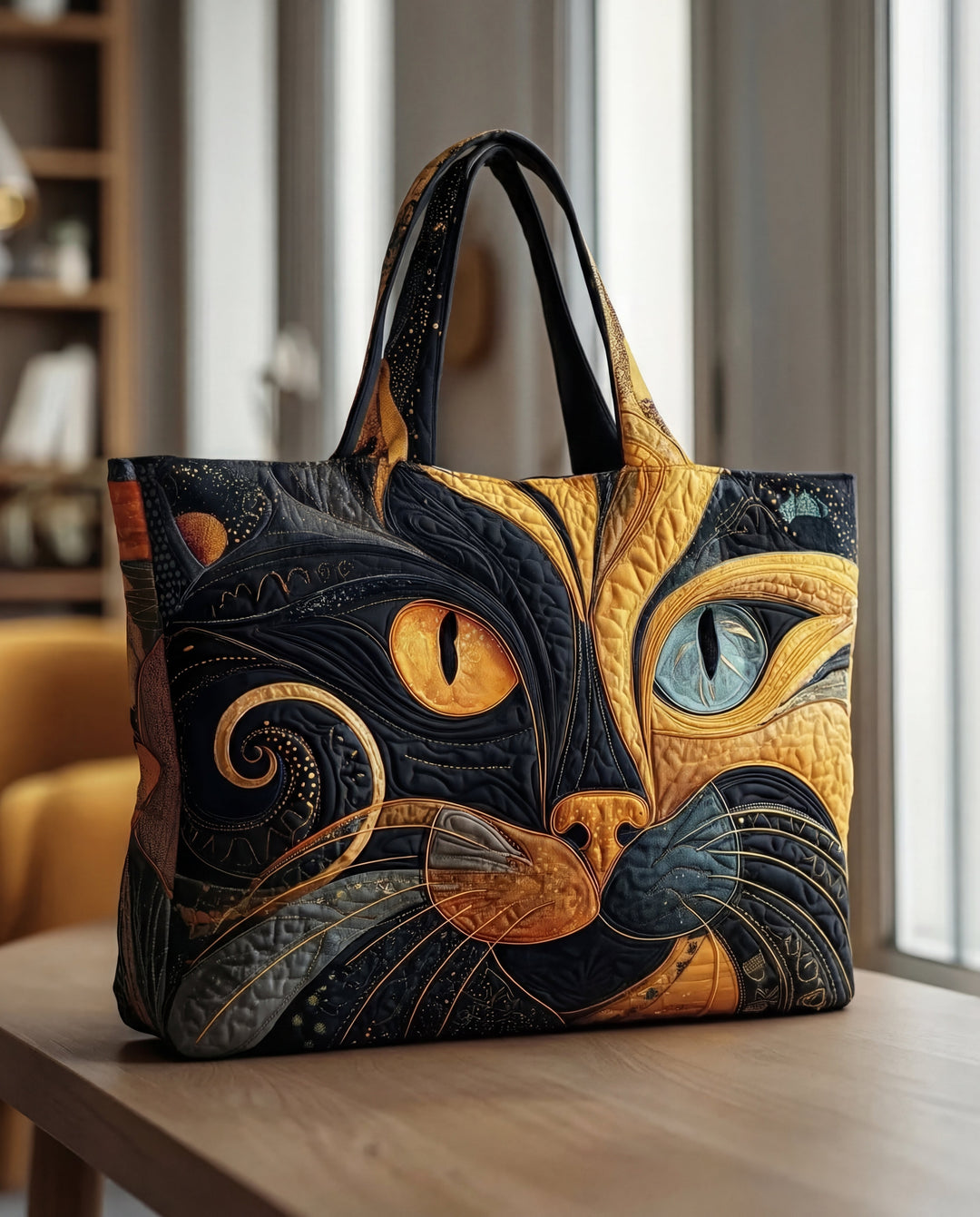 Gewatteerde draagtas met kattengezicht in zwart en goudgeel, met een oranje en een blauw oog, op een houten tafel bij het raam. 1