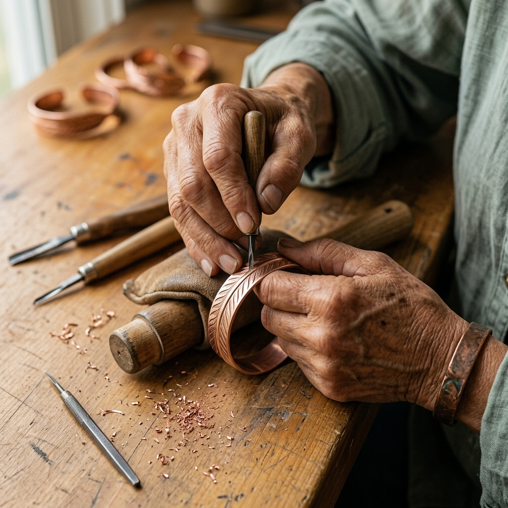 Handen graveren een veerpatroon in een koperen armband op een houten werkbank, omringd door gereedschap en koperkrullen. 4