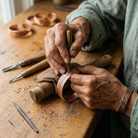 Handen graveren een veerpatroon in een koperen armband op een houten werkbank, omringd door gereedschap en koperkrullen. 4