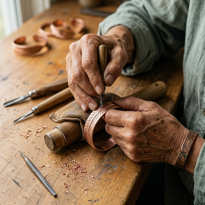 Handen graveren een veerpatroon in een koperen armband op een houten werkbank, omringd door gereedschap en koperkrullen. 4