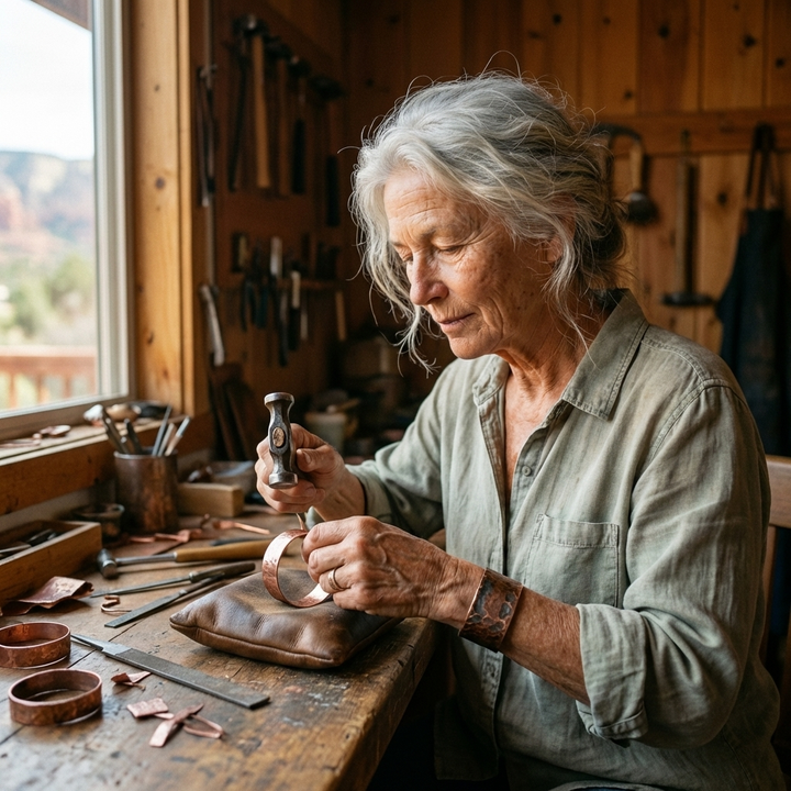 Ambachtsvrouw met grijs haar hamert aan een koperen armband in haar werkplaats, met gereedschap aan de wand en een raam. 5