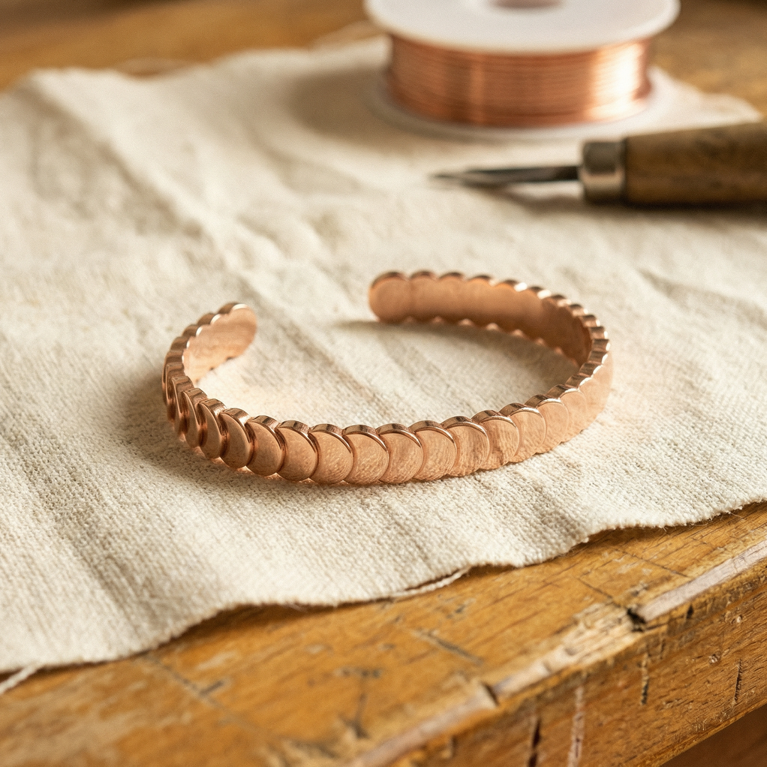 Open koperen armband met overlappende schijven op linnen doek naast een koperdraadspoel en gereedschap 1
