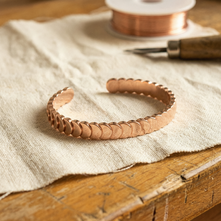 Open koperen armband met overlappende schijven op linnen doek naast een koperdraadspoel en gereedschap 1