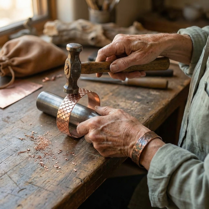 Handen van een ambachtsman die met een hamer een koperen band met schubpatroon vormen 4