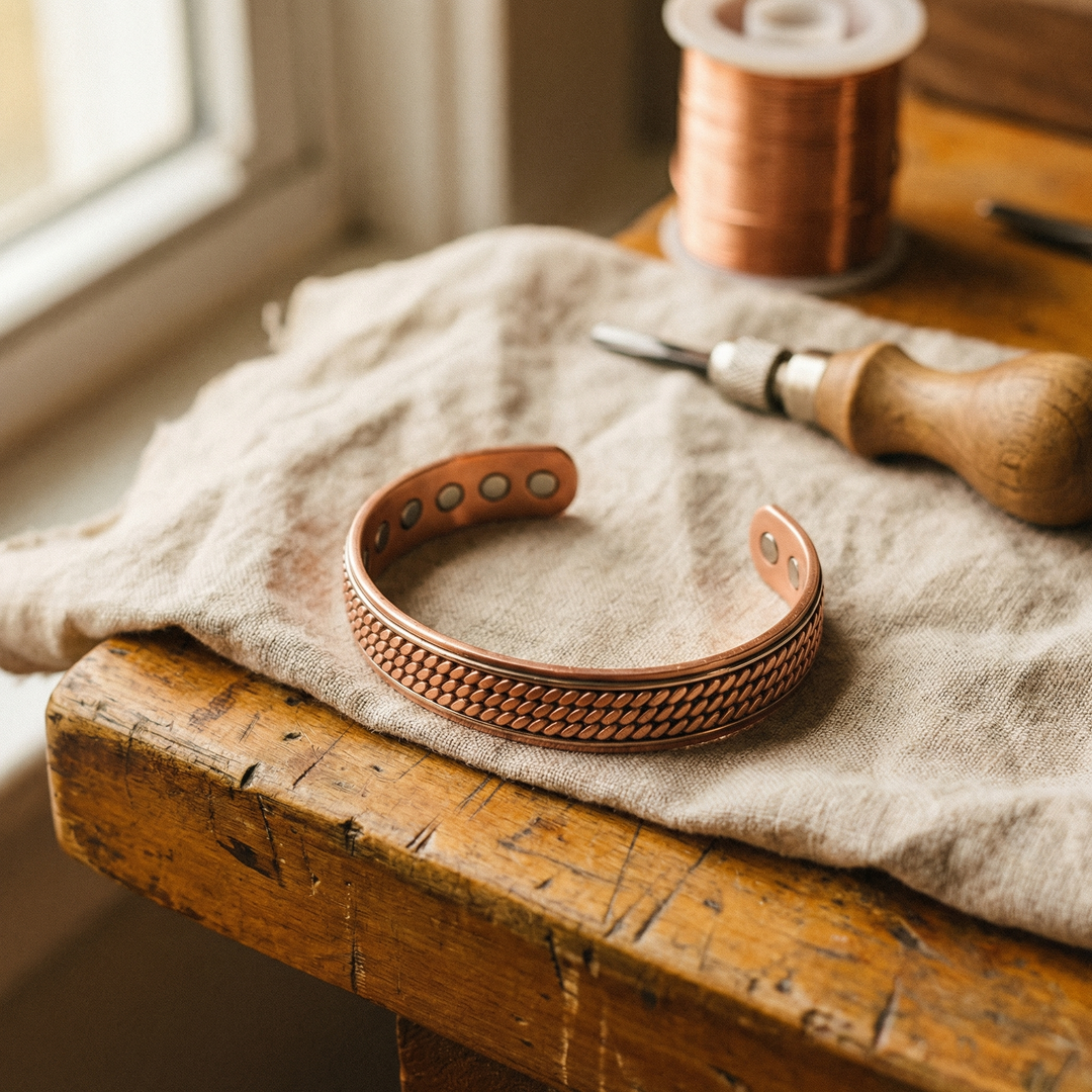 Open koperen armband met touwpatroon op linnen doek, naast een klos koperdraad en gereedschap 1