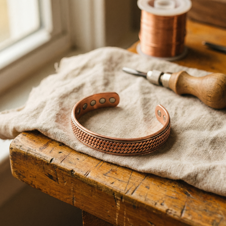 Open koperen armband met touwpatroon op linnen doek, naast een klos koperdraad en gereedschap 1
