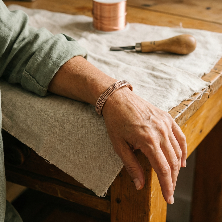 Koperen armband met touwpatroon om de pols van een draagster die met haar arm op een werktafel rust 2