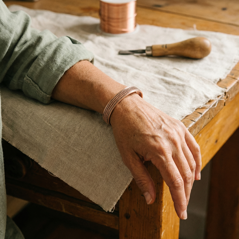 Koperen armband met touwpatroon om de pols van een draagster die met haar arm op een werktafel rust 2