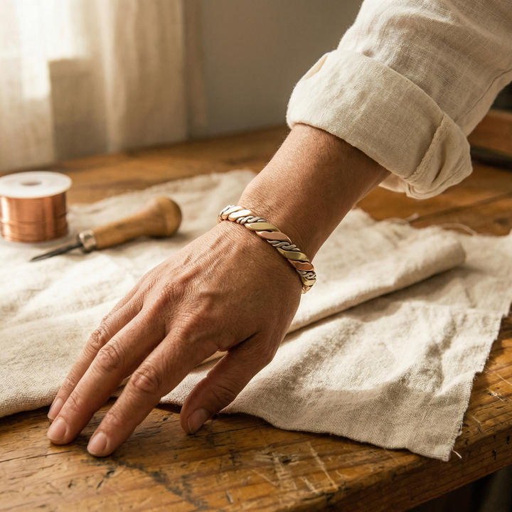 Gevlochten metalen armband om een pols, hand rustend op een linnen doek op een werktafel 2
