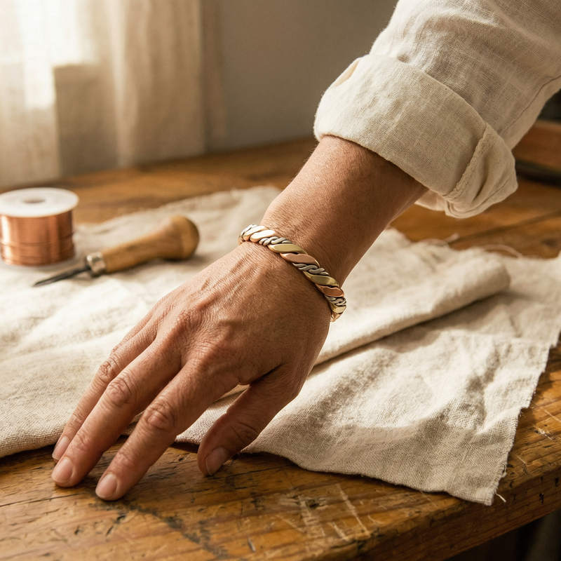 Gevlochten metalen armband om een pols, hand rustend op een linnen doek op een werktafel 2