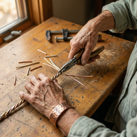 Handen vlechten met een tang koperen en messing draden tot een gedraaide strengenarmband op een houten werkbank 4