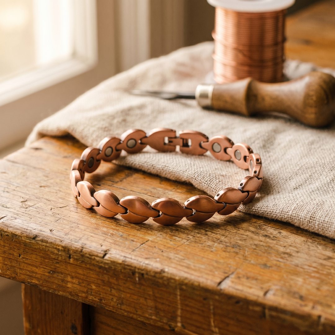 Koperen enkelketting liggend op een houten tafel, met ovale schakels, magneetjes aan de binnenkant en een vouwsluiting. 2