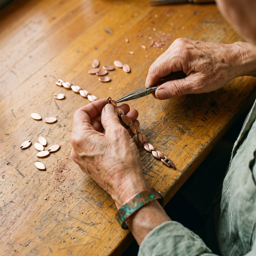 Handen van een ambachtsman die met een tang een koperen ketting in elkaar zetten, omringd door losse ovale koperen schakels. 3