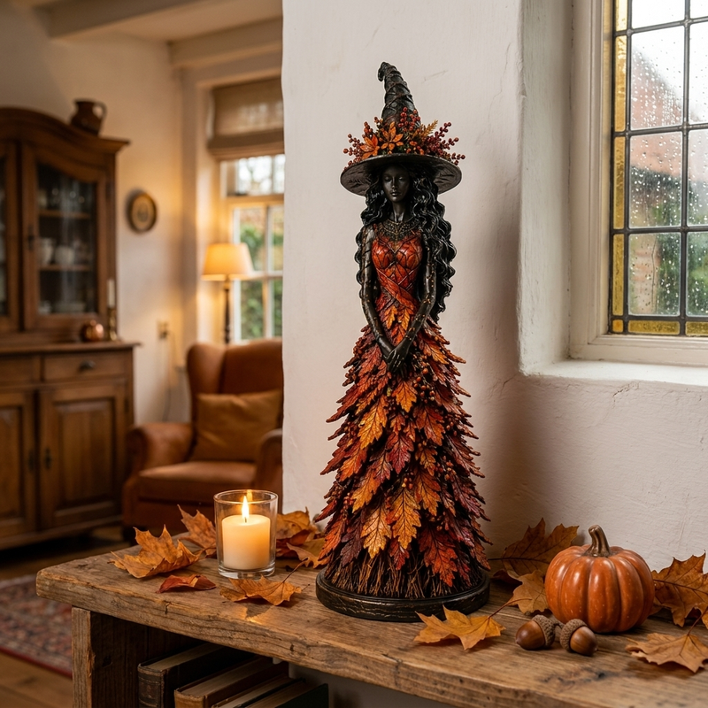 Heksbeeldje in rode en oranje bladerjurk op een houten tafel met kaars, pompoen, eikels en herfstbladeren in een woonkamer. 1