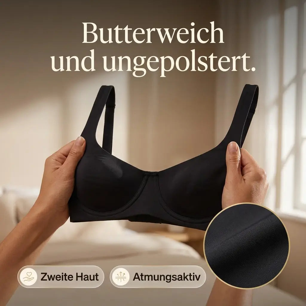 Twee handen houden de zwarte bh omhoog in een lichte kamer, met een uitvergrote stofdetail rechtsonder. 9