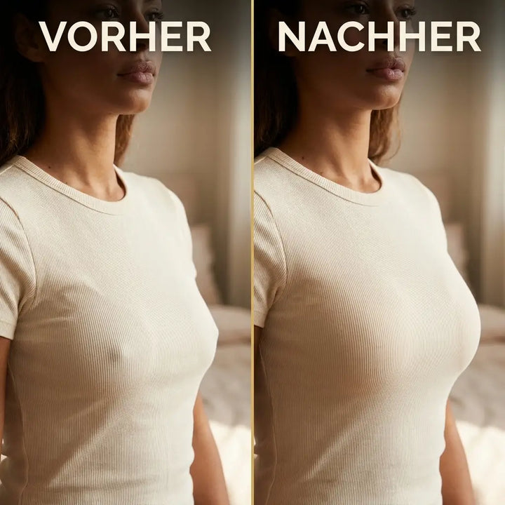 Voor-en-nafoto naast elkaar van een vrouw in een crèmekleurig ribshirt, waarbij de vorm van de borsten na het dragen duidelijker is. 3