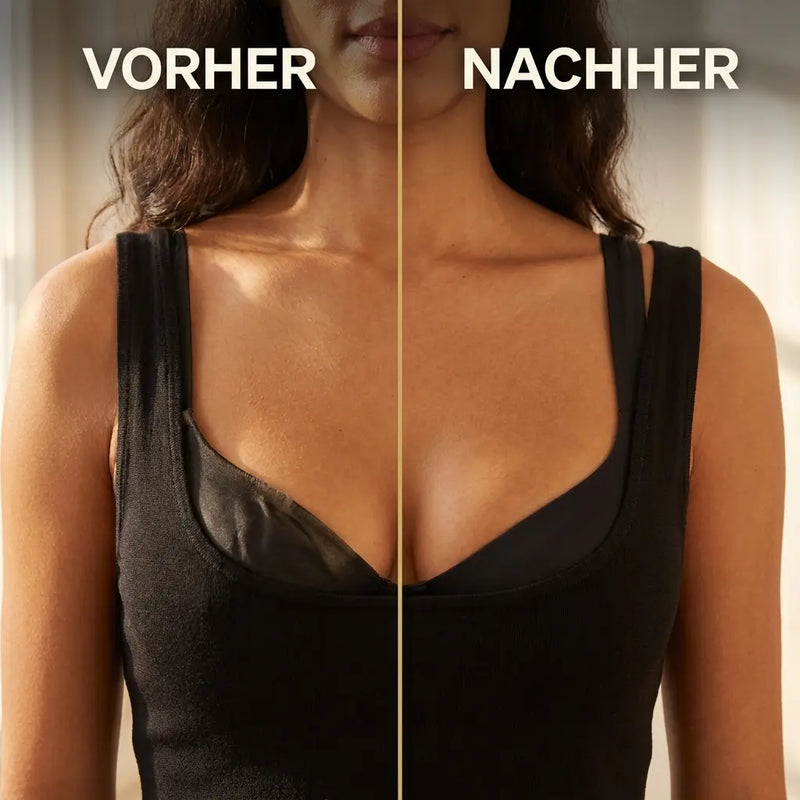Voor-en-nafoto van een vrouw in zwart topje met een diepe hals: links een verschoven bh, rechts de bh die netjes zit. 6