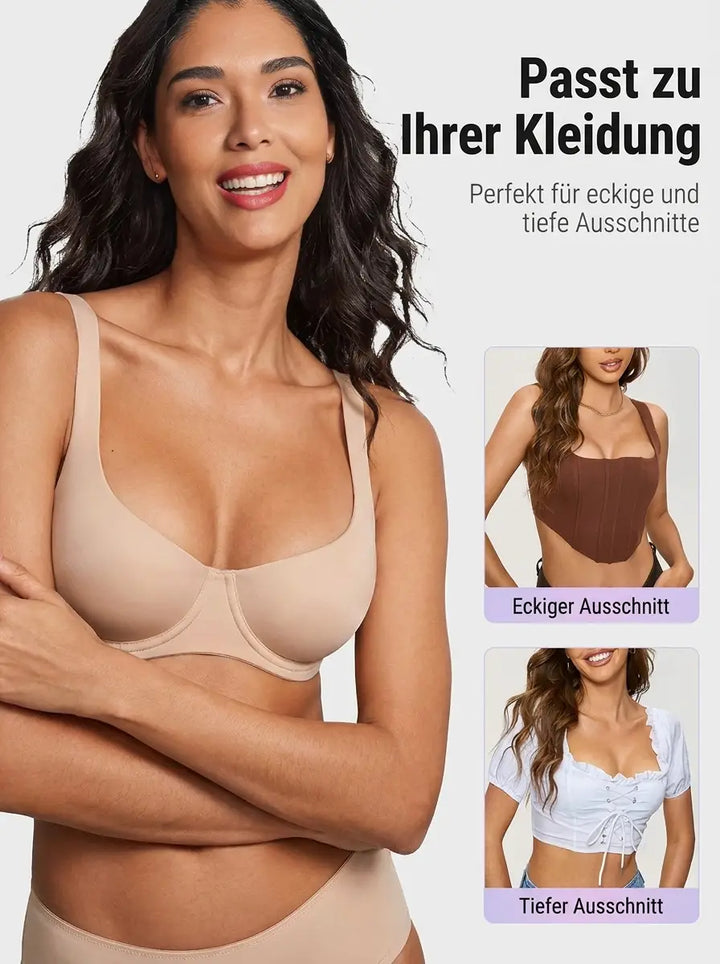 Lachende vrouw in beige bh met twee kleinere foto's van topjes met vierkante en diepe hals waarbij de bh past. 10