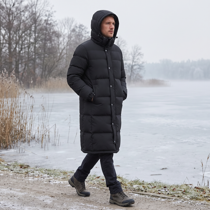 Man draagt de zwarte lange jas met capuchon op zijn hoofd tijdens een wandeling langs een bevroren meer 2