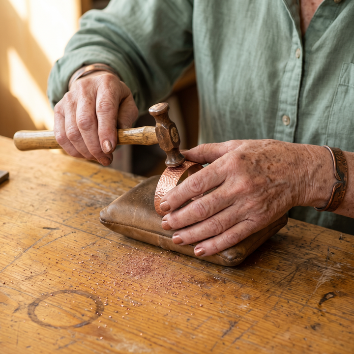 Handen slaan met een hamer de textuur in een koperen armband op een lederen kussen 3