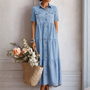 Denim Print Midi Dress - Relaxed Button-Front Style 1