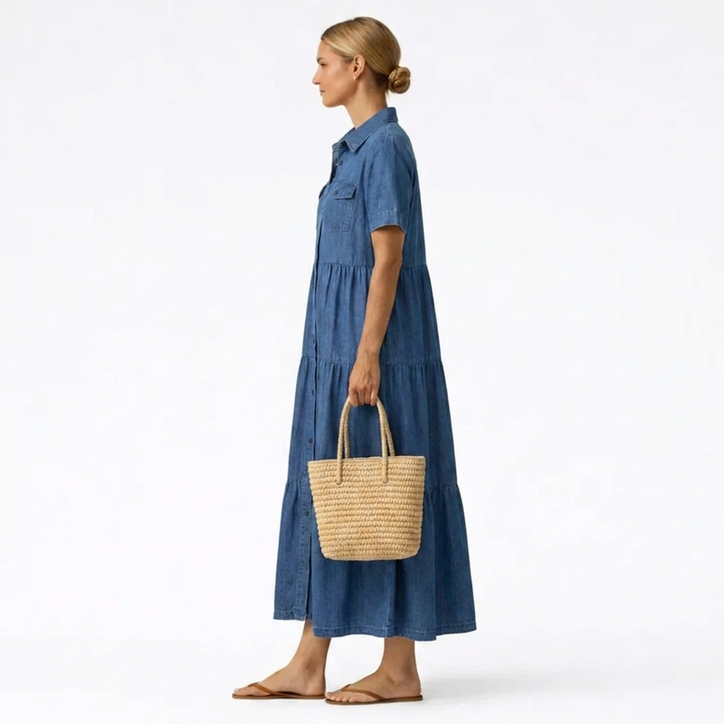 Denim Print Midi Dress - Relaxed Button-Front Style 8