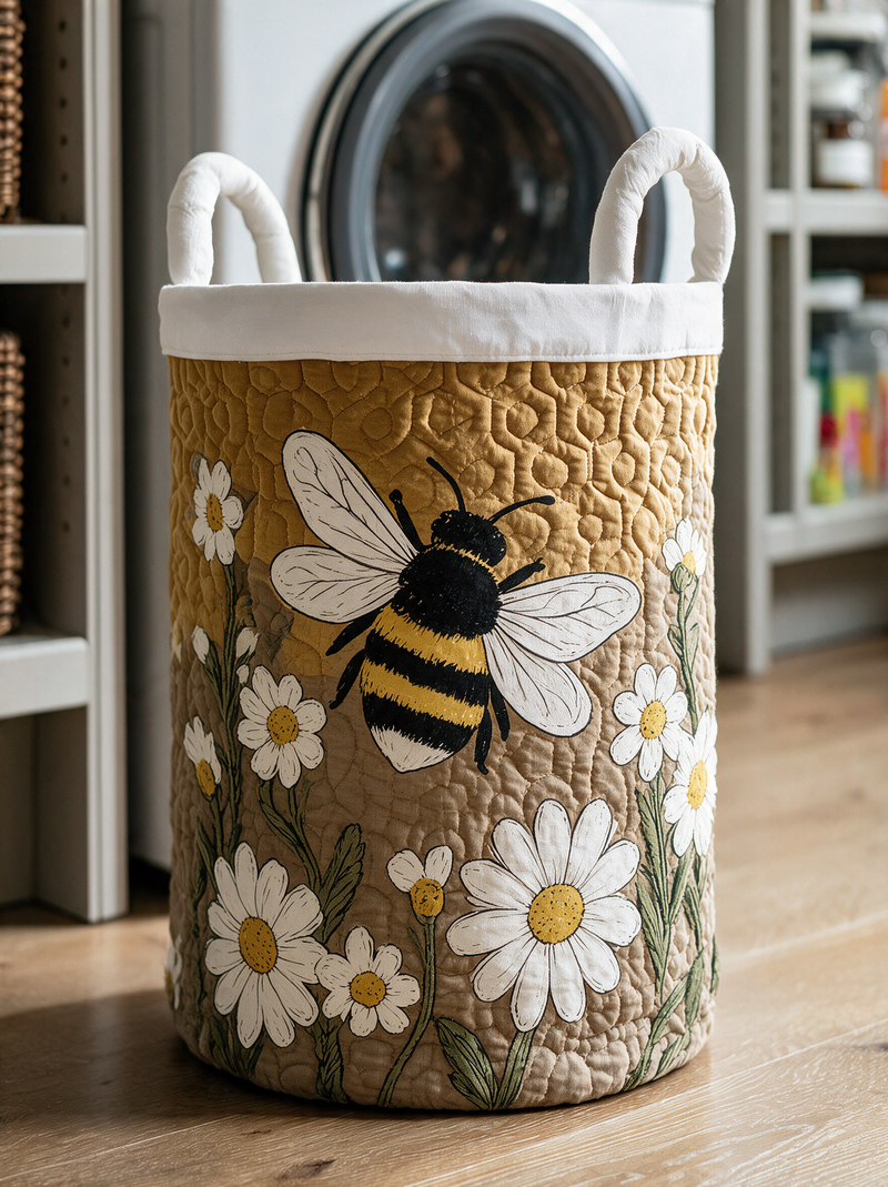 Close-up van de gewatteerde stof met hommel en madeliefjes, met witte gevoerde rand en twee stevige handgrepen. 3